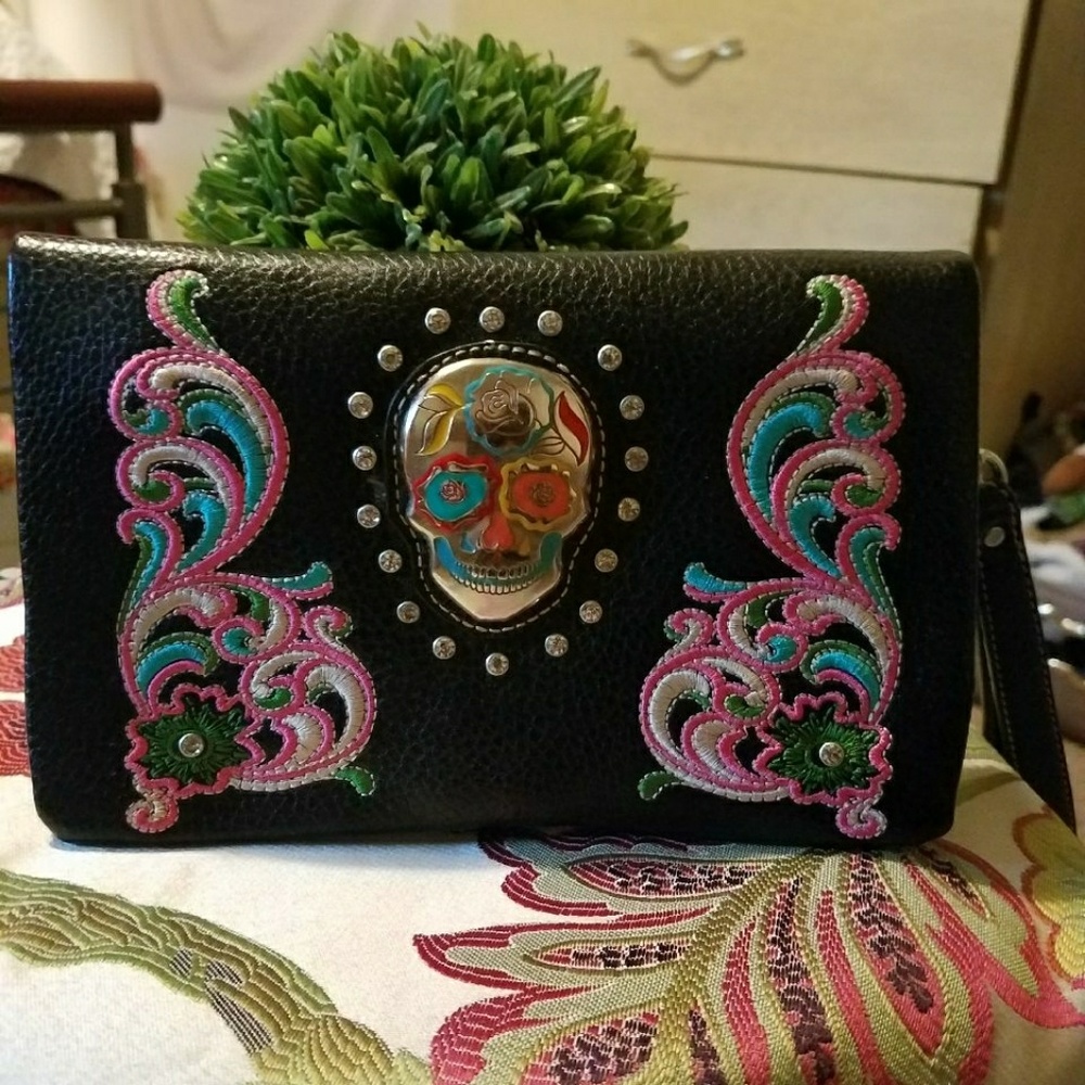Clutch or wristlet with sugar skull